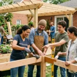 A diverse group of people participating in a BetterHomePro outdoor DIY woodworking workshop, building a wooden garden structure together using power tools and paintbrushes