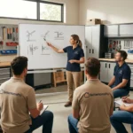 A professional female instructor from BetterHomePro leading a technical home repair training session for a group of technicians in an organized workshop setting