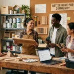 Team of makers planning a home improvement project together in an organized workshop, holding wood, a power drill and paintbrushes.