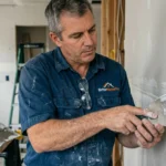Professional contractor repairing drywall, applying compound to fix wall damage during home renovation project