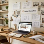 Modern home office workspace with laptop, interior design plans, blueprints, and tools for home renovation and remodeling projects.