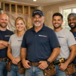 Five professional repair technicians, both men and women, posing in uniform with leather tool belts inside a home under renovation with exposed wood framing
