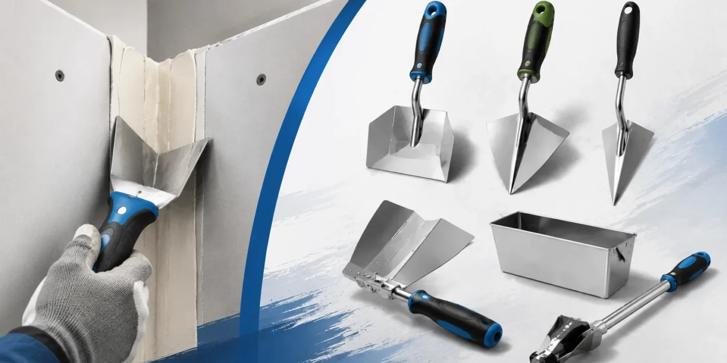 A technical overview of specialized drywall corner tools featuring a professional using an inside corner trowel to embed tape and smooth compound, alongside a collection of corner finishers, a mud pan, and an adjustable corner applicator.