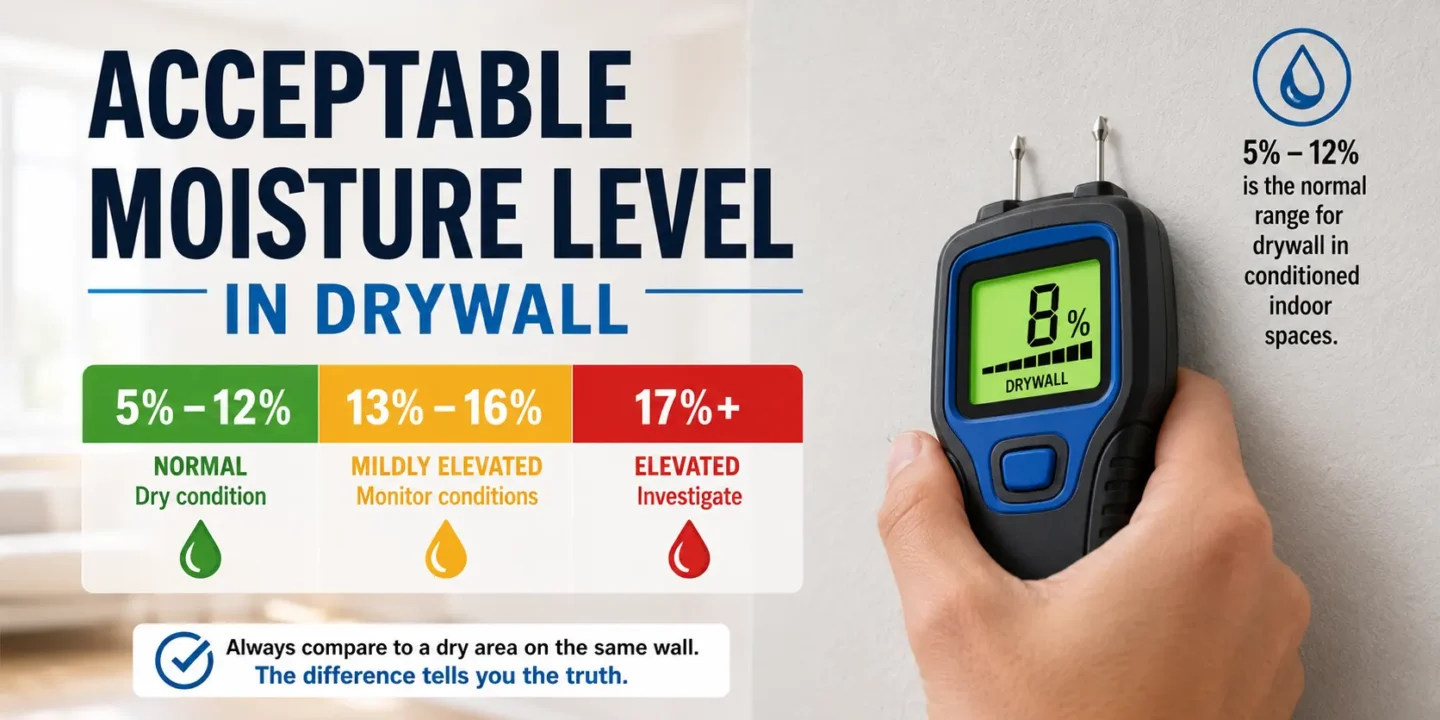 Technical infographic titled 'Acceptable Moisture Level in Drywall' showing a moisture meter reading 8% and a color-coded chart: 5-12% is normal, 13-16% is mildly elevated, and 17%+ is elevated and requires investigation.