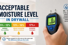 Technical infographic titled 'Acceptable Moisture Level in Drywall' showing a moisture meter reading 8% and a color-coded chart: 5-12% is normal, 13-16% is mildly elevated, and 17%+ is elevated and requires investigation.
