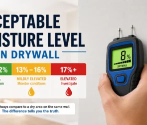 Technical infographic titled 'Acceptable Moisture Level in Drywall' showing a moisture meter reading 8% and a color-coded chart: 5-12% is normal, 13-16% is mildly elevated, and 17%+ is elevated and requires investigation.