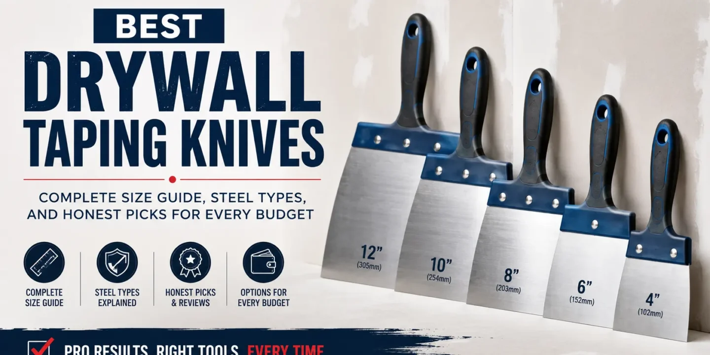 An educational infographic titled "Best Drywall Taping Knives" featuring a lineup of professional knives in 4-inch, 6-inch, 8-inch, 10-inch, and 12-inch sizes, including a guide on steel types and budget options.