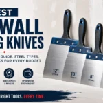 An educational infographic titled "Best Drywall Taping Knives" featuring a lineup of professional knives in 4-inch, 6-inch, 8-inch, 10-inch, and 12-inch sizes, including a guide on steel types and budget options.