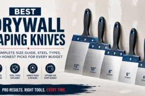 An educational infographic titled "Best Drywall Taping Knives" featuring a lineup of professional knives in 4-inch, 6-inch, 8-inch, 10-inch, and 12-inch sizes, including a guide on steel types and budget options.
