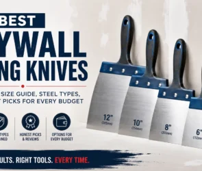 An educational infographic titled "Best Drywall Taping Knives" featuring a lineup of professional knives in 4-inch, 6-inch, 8-inch, 10-inch, and 12-inch sizes, including a guide on steel types and budget options.