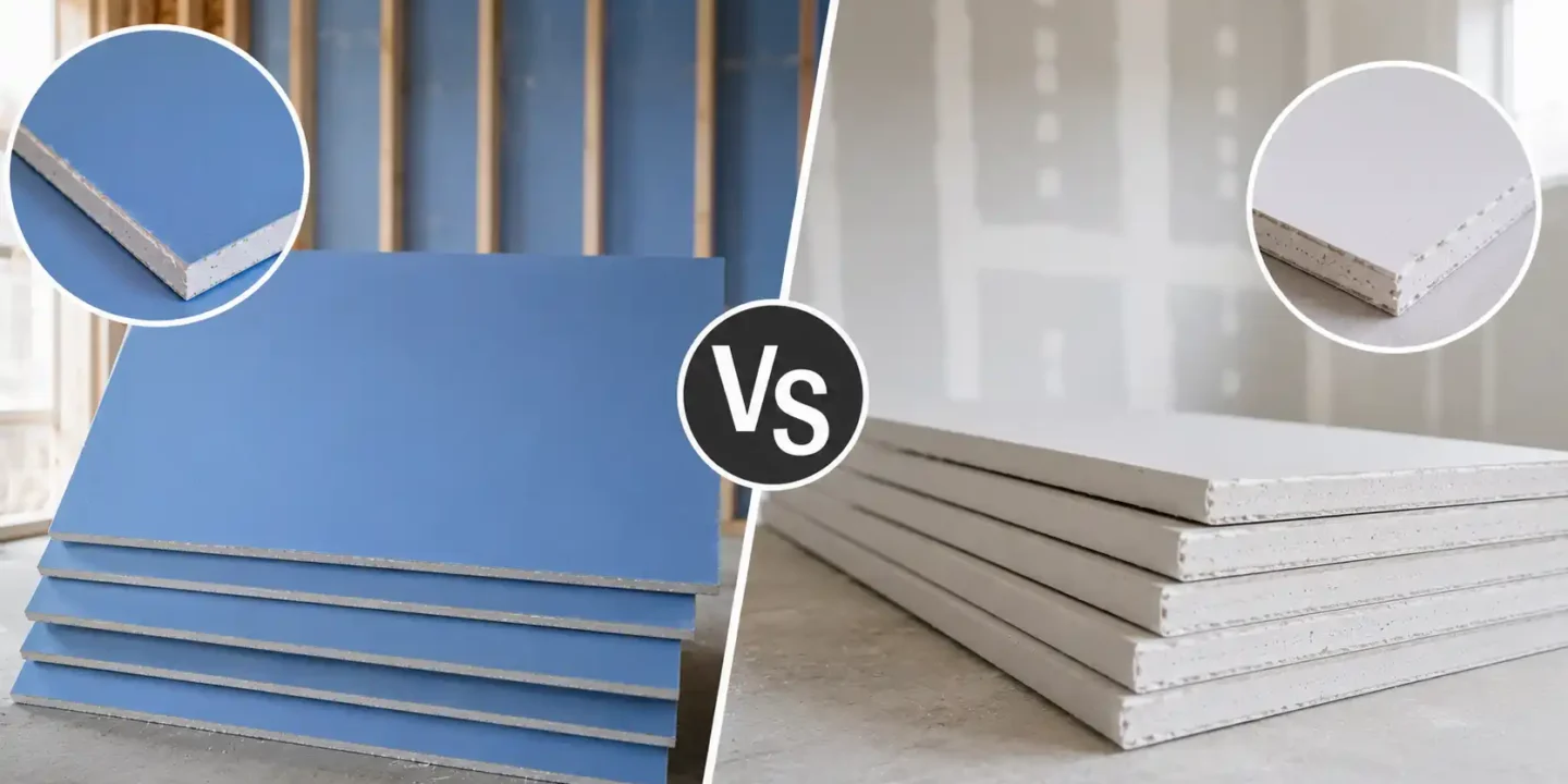 Blog featured image comparing blueboard vs sheetrock, showing a side-by-side stack of blue veneer plaster baseboards next to a stack of standard grey regular drywall panels with closeup circular swatches of their distinct surface layers.