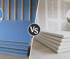 Blog featured image comparing blueboard vs sheetrock, showing a side-by-side stack of blue veneer plaster baseboards next to a stack of standard grey regular drywall panels with closeup circular swatches of their distinct surface layers.