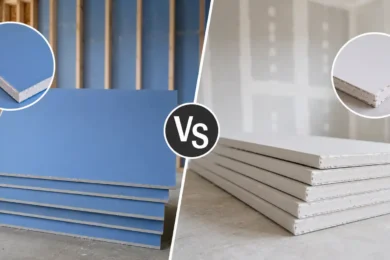 Blog featured image comparing blueboard vs sheetrock, showing a side-by-side stack of blue veneer plaster baseboards next to a stack of standard grey regular drywall panels with closeup circular swatches of their distinct surface layers.