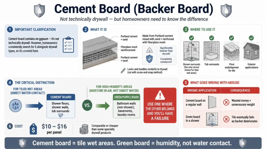 Infographic for cement board (backer board). Clarification: not technically drywall (no gypsum) — made of Portland cement, sand, and fiberglass mesh. Completely waterproof, significantly heavier than drywall. Where to use: shower surrounds (only correct choice for tiled wet areas), tub surrounds, floor underlayment for tile, exterior applications. Critical distinction: cement board for direct water contact (tiled wet areas); green/purple board for high humidity (moisture in air, not direct water). Wrong uses: cement board on regular wall = wasted weight; green board in shower = tile failure as backer deteriorates. Cost: $10–$16 per panel.