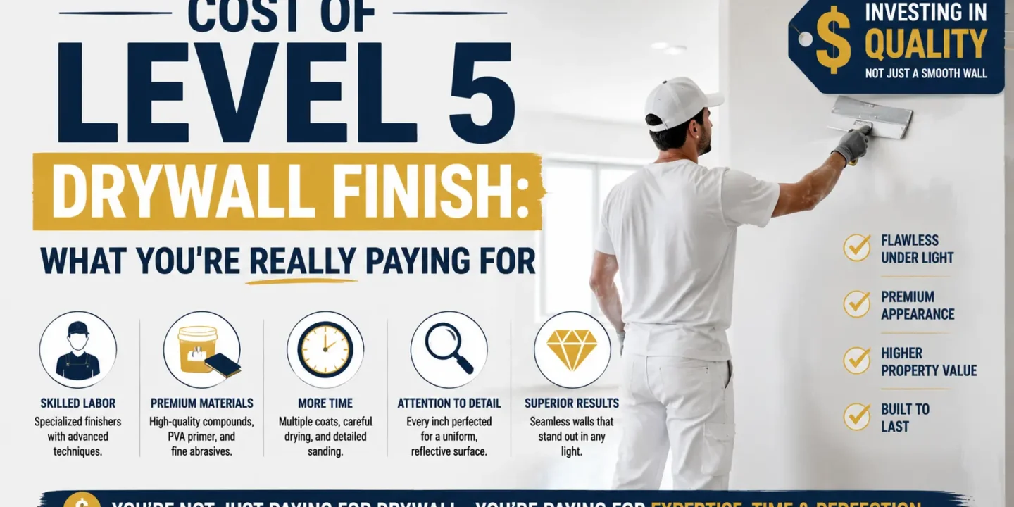 Infographic titled "Cost of Level 5 Drywall Finish: What You're Really Paying For," highlighting the value of skilled labor, premium materials like PVA primer, and specialized attention to detail for superior, seamless results.