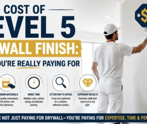 Infographic titled "Cost of Level 5 Drywall Finish: What You're Really Paying For," highlighting the value of skilled labor, premium materials like PVA primer, and specialized attention to detail for superior, seamless results.
