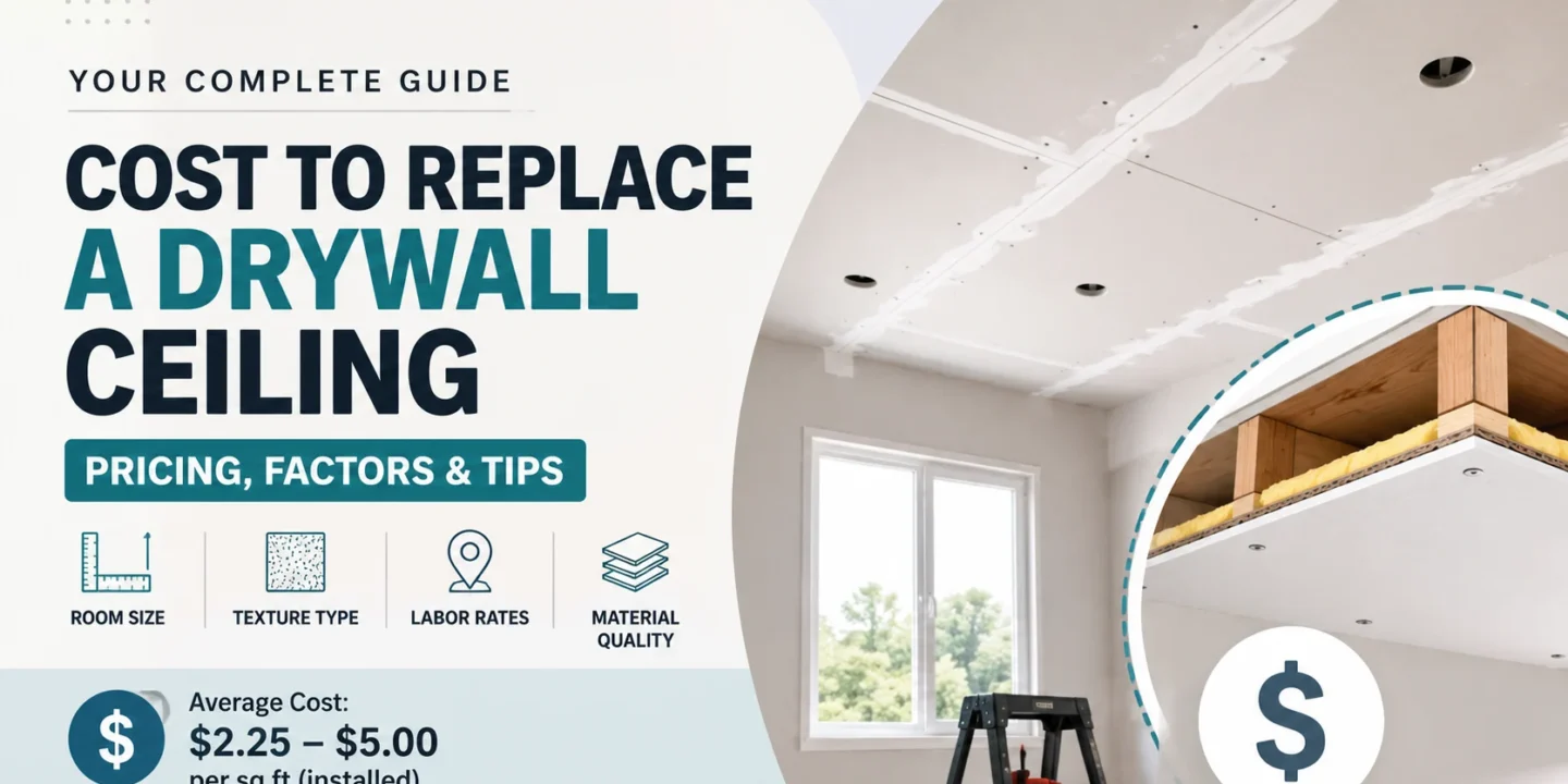 Infographic guide on the cost to replace a drywall ceiling, displaying a newly installed drywall ceiling with taped seams alongside an inset diagram of ceiling joists and insulation.