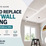 Infographic guide on the cost to replace a drywall ceiling, displaying a newly installed drywall ceiling with taped seams alongside an inset diagram of ceiling joists and insulation.