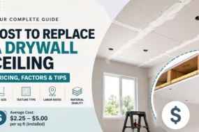 Infographic guide on the cost to replace a drywall ceiling, displaying a newly installed drywall ceiling with taped seams alongside an inset diagram of ceiling joists and insulation.