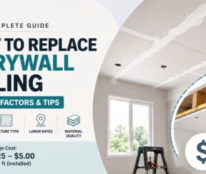 Infographic guide on the cost to replace a drywall ceiling, displaying a newly installed drywall ceiling with taped seams alongside an inset diagram of ceiling joists and insulation.