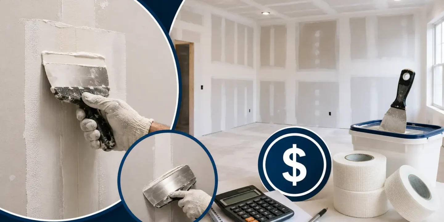 Blog featured image guide on the cost to tape and mud drywall, showing a newly installed drywall room under construction, with insets of a professional contractor applying joint compound to seams alongside a calculator and mesh tape rolls.