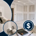 Blog featured image guide on the cost to tape and mud drywall, showing a newly installed drywall room under construction, with insets of a professional contractor applying joint compound to seams alongside a calculator and mesh tape rolls.