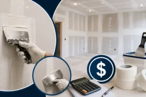 Blog featured image guide on the cost to tape and mud drywall, showing a newly installed drywall room under construction, with insets of a professional contractor applying joint compound to seams alongside a calculator and mesh tape rolls.