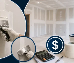 Blog featured image guide on the cost to tape and mud drywall, showing a newly installed drywall room under construction, with insets of a professional contractor applying joint compound to seams alongside a calculator and mesh tape rolls.