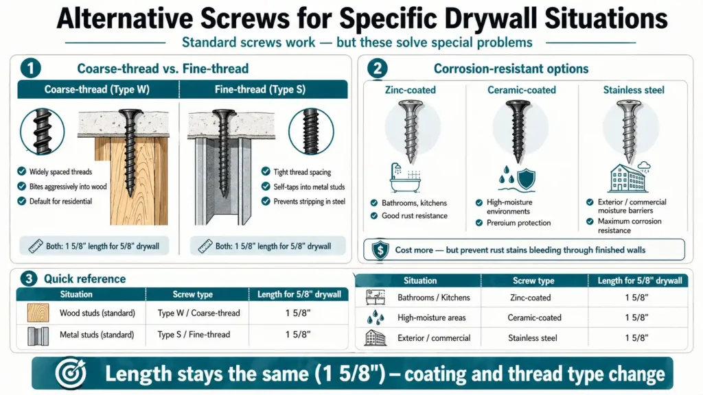 Infographic comparing alternative drywall screws for specific situations. Shows coarse‑thread (Type W) for wood studs vs fine‑thread (Type S) for metal studs – both 1 5/8" for 5/8" drywall. Corrosion‑resistant options: zinc‑coated (bathrooms/kitchens), ceramic‑coated (high moisture), stainless steel (exterior/commercial). Bottom reference table matches situations to screw types. Key takeaway: length stays 1 5/8", coating and thread type change