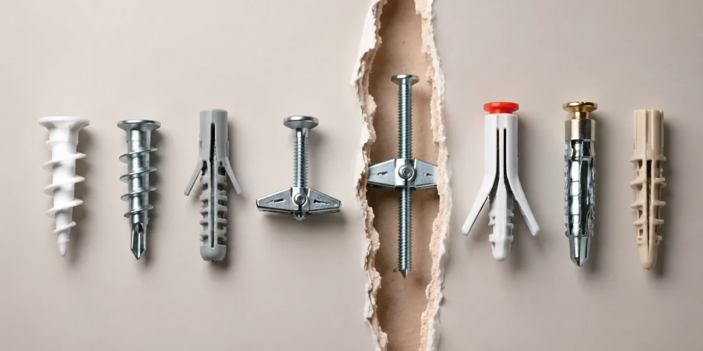 Blog featured image about drywall anchor types and weight ratings, displaying a variety of drywall wall anchors laid out in a row, including plastic self-drilling anchors, expansion anchors, and a toggle bolt inside a torn drywall panel gap