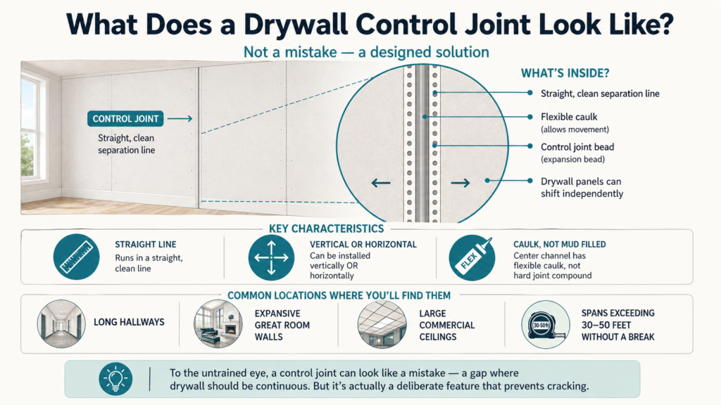 Infographic showing what a drywall control joint looks like. Main illustration: wall section with control joint bead, center channel filled with flexible caulk (not joint compound), two drywall panels on either side able to move independently. Key characteristics: straight clean line, vertical or horizontal orientation, caulk not mud. Common locations: long hallways, expansive great room walls, large commercial ceilings, spans exceeding 30‑50 feet. Bottom note: control joints look like mistakes but are deliberate crack prevention features.