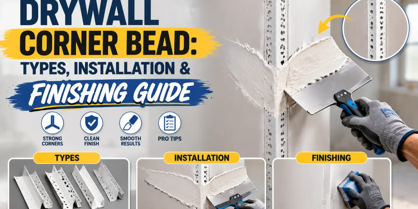 Comprehensive infographic guide for drywall corner bead types, installation, and finishing, showing a worker applying joint compound over a metal corner bead with a taping knife and sanding the edge.