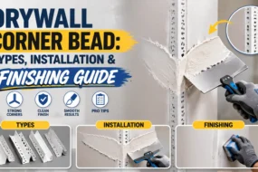 Comprehensive infographic guide for drywall corner bead types, installation, and finishing, showing a worker applying joint compound over a metal corner bead with a taping knife and sanding the edge.