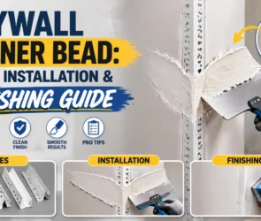 Comprehensive infographic guide for drywall corner bead types, installation, and finishing, showing a worker applying joint compound over a metal corner bead with a taping knife and sanding the edge.