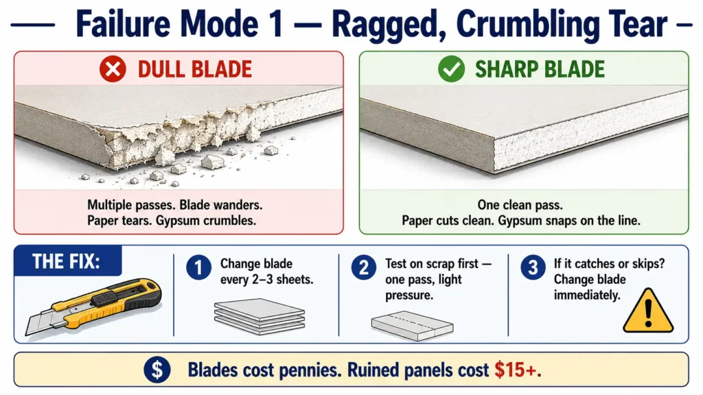 Comparison of dull vs sharp drywall knife blade results. Dull blade causes ragged, crumbling tear with gypsum pieces falling off. Sharp blade creates clean snap. Fix: change blade every 2-3 sheets and test on scrap first.