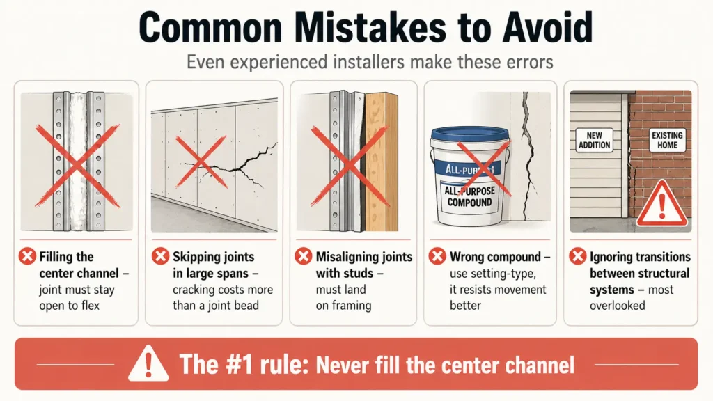 "Mistakes to avoid" infographic for drywall expansion joint installation. 5 errors shown with red X marks: filling the center flexible channel, skipping joints on long spans, misaligning joints with studs, using the wrong joint compound (all-purpose instead of setting-type), and ignoring transitions between old and new structural systems. Bottom banner emphasizes never filling the center channel.