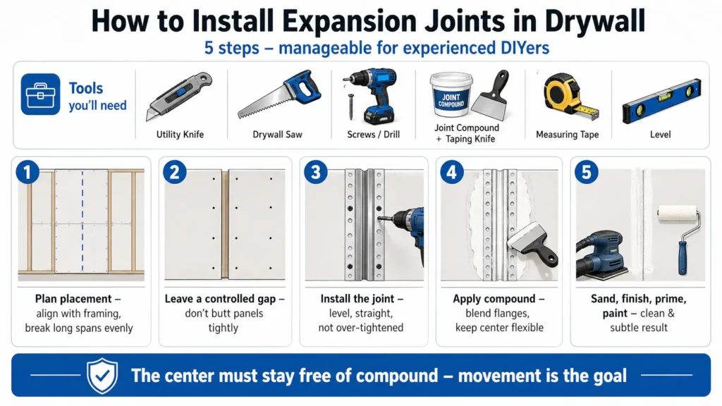 Step‑by‑step infographic for installing drywall expansion joints. 5 steps shown with icons: plan placement, leave a controlled gap, install the joint product, apply compound to flanges only, then sand and finish. Includes tools list (utility knife, saw, screws, compound, tape, level). Blue numbered panels on light background.