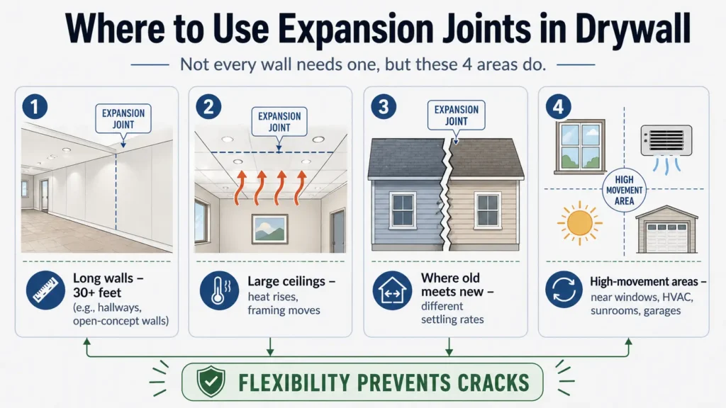 Infographic showing 4 situations requiring drywall expansion joints: long walls over 30 feet, large ceilings, connections between old and new building sections, and high-movement areas near windows, HVAC vents, or sunrooms. Clean numbered layout with simple icons.