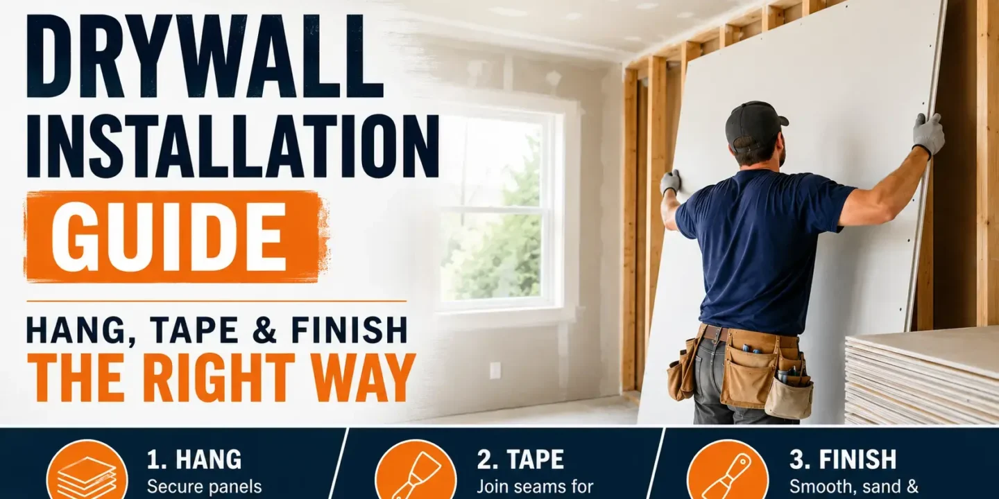 Infographic drywall installation guide for hanging, taping, and finishing, showing a contractor lifting a drywall panel against wooden wall studs during construction.