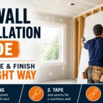 Infographic drywall installation guide for hanging, taping, and finishing, showing a contractor lifting a drywall panel against wooden wall studs during construction.