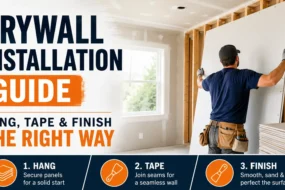Infographic drywall installation guide for hanging, taping, and finishing, showing a contractor lifting a drywall panel against wooden wall studs during construction.