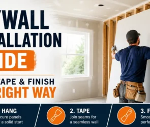 Infographic drywall installation guide for hanging, taping, and finishing, showing a contractor lifting a drywall panel against wooden wall studs during construction.