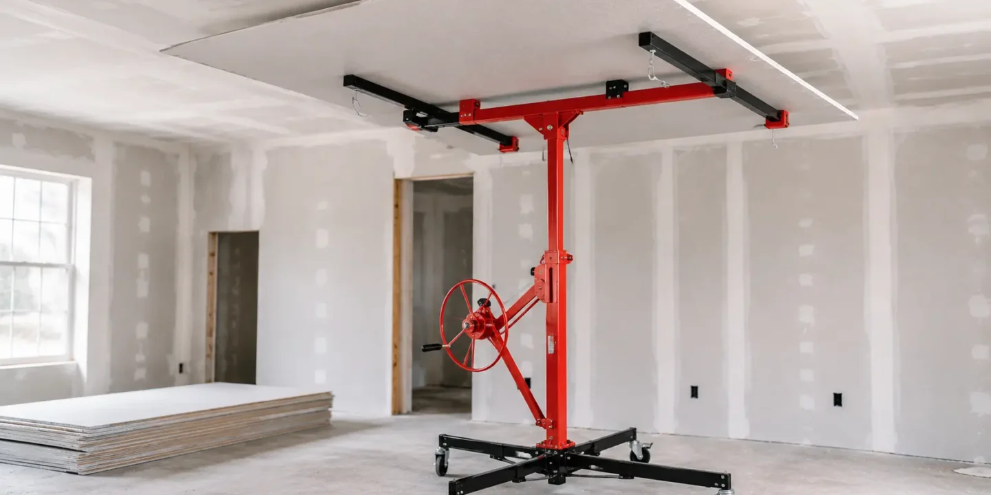 Blog featured image guide on choosing a drywall lift at Harbor Freight, showing a red mechanical panel hoist holding a large sheet of drywall flat against a ceiling during room installation.