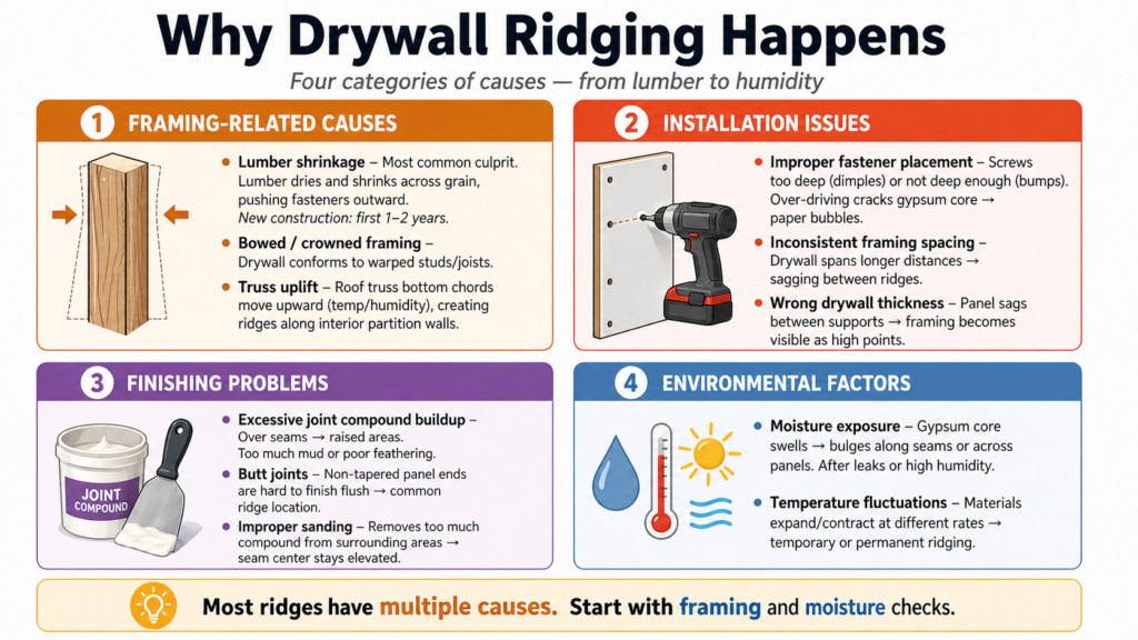 Infographic explaining four categories of drywall ridging causes. Framing causes: lumber shrinkage (most common, first 1‑2 years in new construction), bowed/crowned framing, truss uplift. Installation issues: improper fastener placement, inconsistent framing spacing, wrong drywall thickness. Finishing problems: excessive joint compound buildup, butt joints, improper sanding. Environmental factors: moisture exposure (core swelling), temperature fluctuations (expansion/contraction). Bottom summary: most ridges have multiple causes; start with framing and moisture checks.