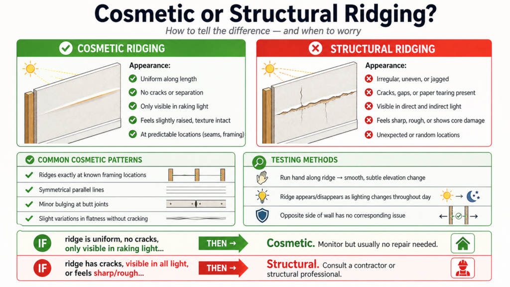 Infographic comparing cosmetic vs structural drywall ridging. Cosmetic (green): uniform along length, no cracks, only visible in raking light, feels slightly raised but texture intact, at predictable framing locations. Common cosmetic patterns: ridges at framing, symmetrical lines, minor butt joint bulging. Testing: hand feels smooth elevation change, ridge appears/disappears with lighting, no issue on opposite wall. Structural (red): irregular appearance, cracks or tearing, visible in all light, feels sharp or rough. Bottom decision guide: cosmetic = monitor only; structural = consult contractor.