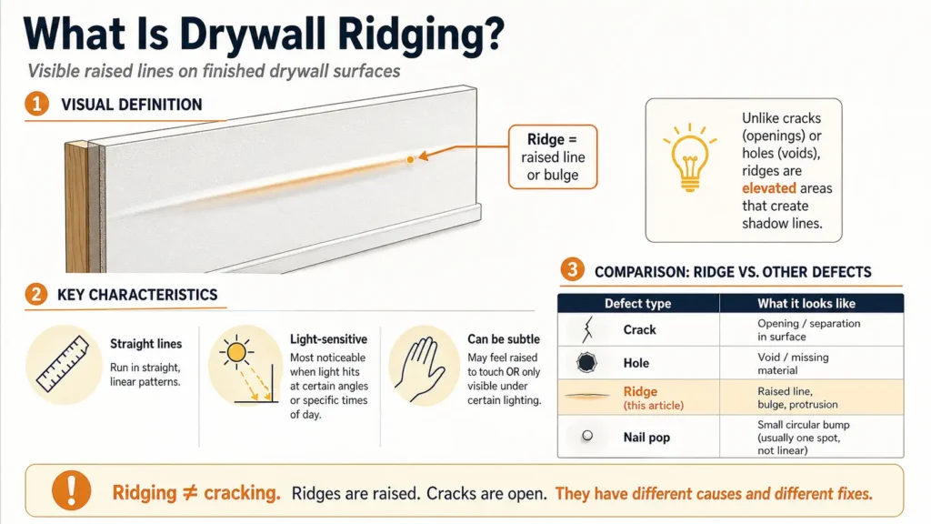 Infographic titled “What Is Drywall Ridging?” defining ridges as visible raised lines on finished drywall. Key characteristics: straight lines, light-sensitive, subtle to touch. Includes comparison table: crack (opening), hole (void), ridge (raised line/bulge), nail pop (circular bump). Emphasizes ridging ≠ cracking.
