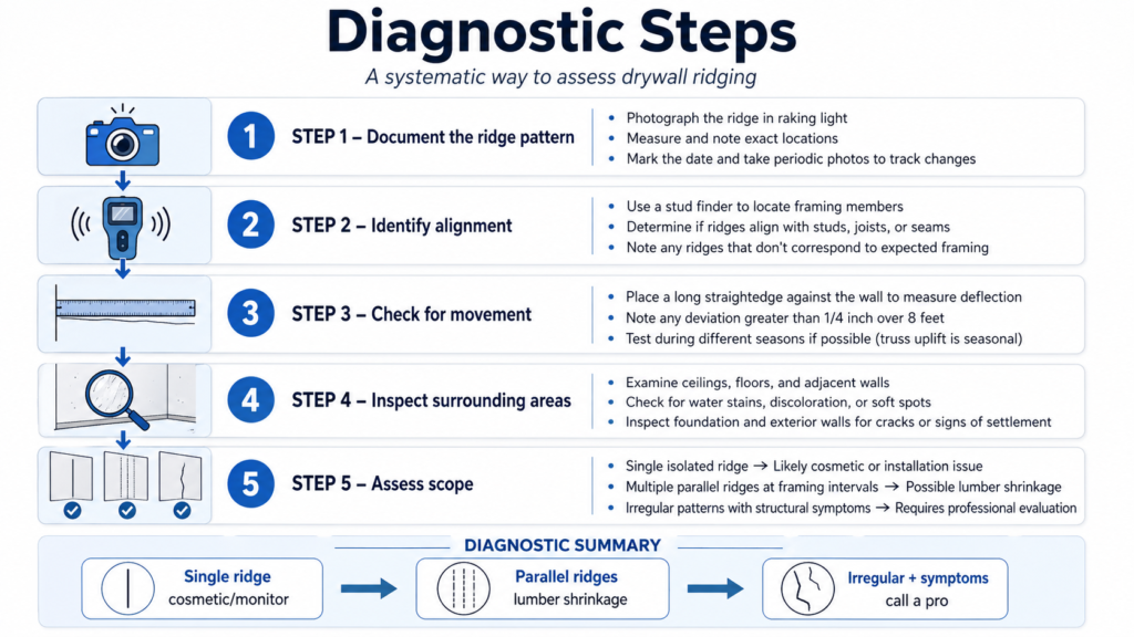 Infographic showing 5 diagnostic steps for assessing drywall ridging. Step 1: Document ridge pattern (photo in raking light, measure locations, date and track changes). Step 2: Identify alignment (stud finder to locate framing, note misalignments). Step 3: Check movement (straightedge for deflection >1/4" over 8 feet, test seasonally for truss uplift). Step 4: Inspect surroundings (ceilings, floors, water stains, soft spots, foundation cracks). Step 5: Assess scope (single ridge = cosmetic; multiple parallel at framing = lumber shrinkage; irregular + symptoms = call professional).