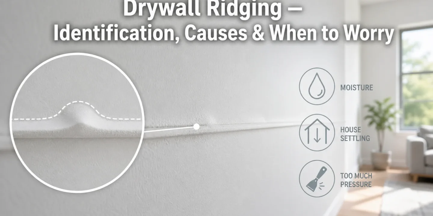 Featured image explaining drywall riding (bulging or ridging), with three key causes: moisture, house settling, and too much pressure