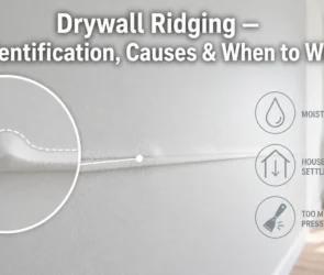 Featured image explaining drywall riding (bulging or ridging), with three key causes: moisture, house settling, and too much pressure