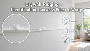 Featured image explaining drywall riding (bulging or ridging), with three key causes: moisture, house settling, and too much pressure